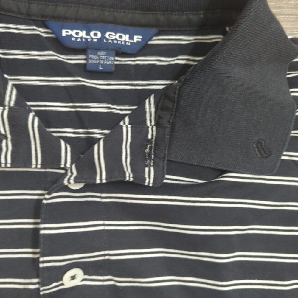 Vtg Polo Golf Ralph Lauren Shirt Mens L Navy Blue‎ White Striped Pima Cotton B19